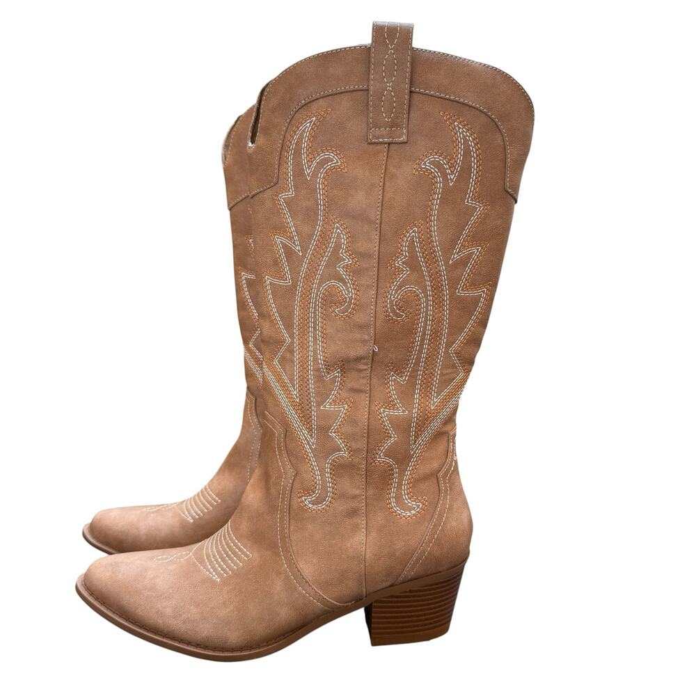Athlefit Women Cowboy Boots Size 11 Tan Faux Suede Mid Calf Western Block Heel